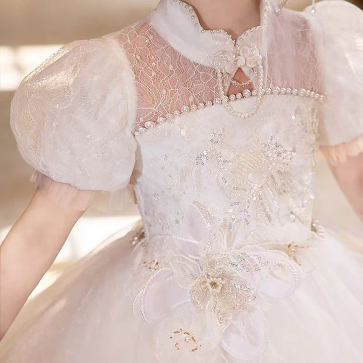 Layered White Flower Girl Dress with 3D Floral Appliqués D315