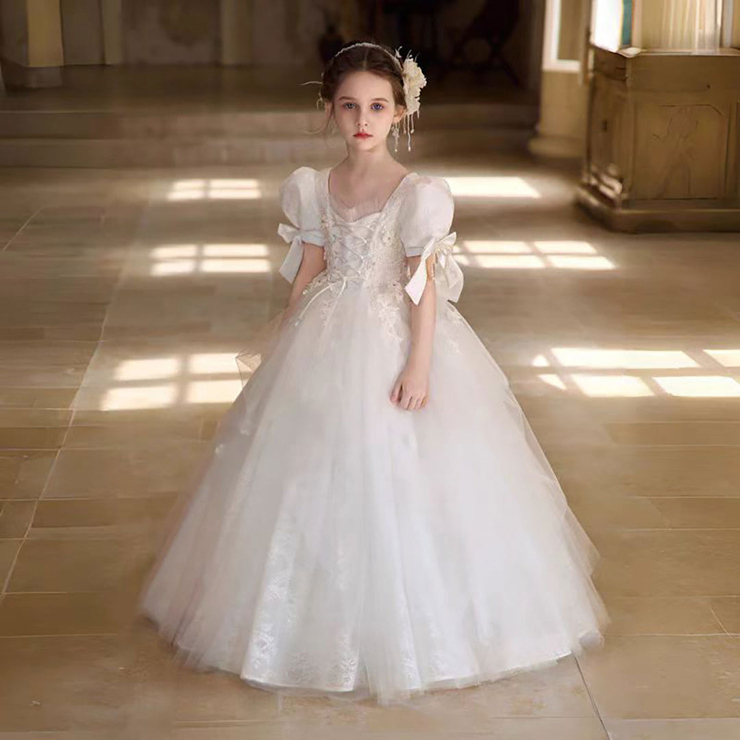 Victorian White Flower Girl Dress with Satin Bow D316
