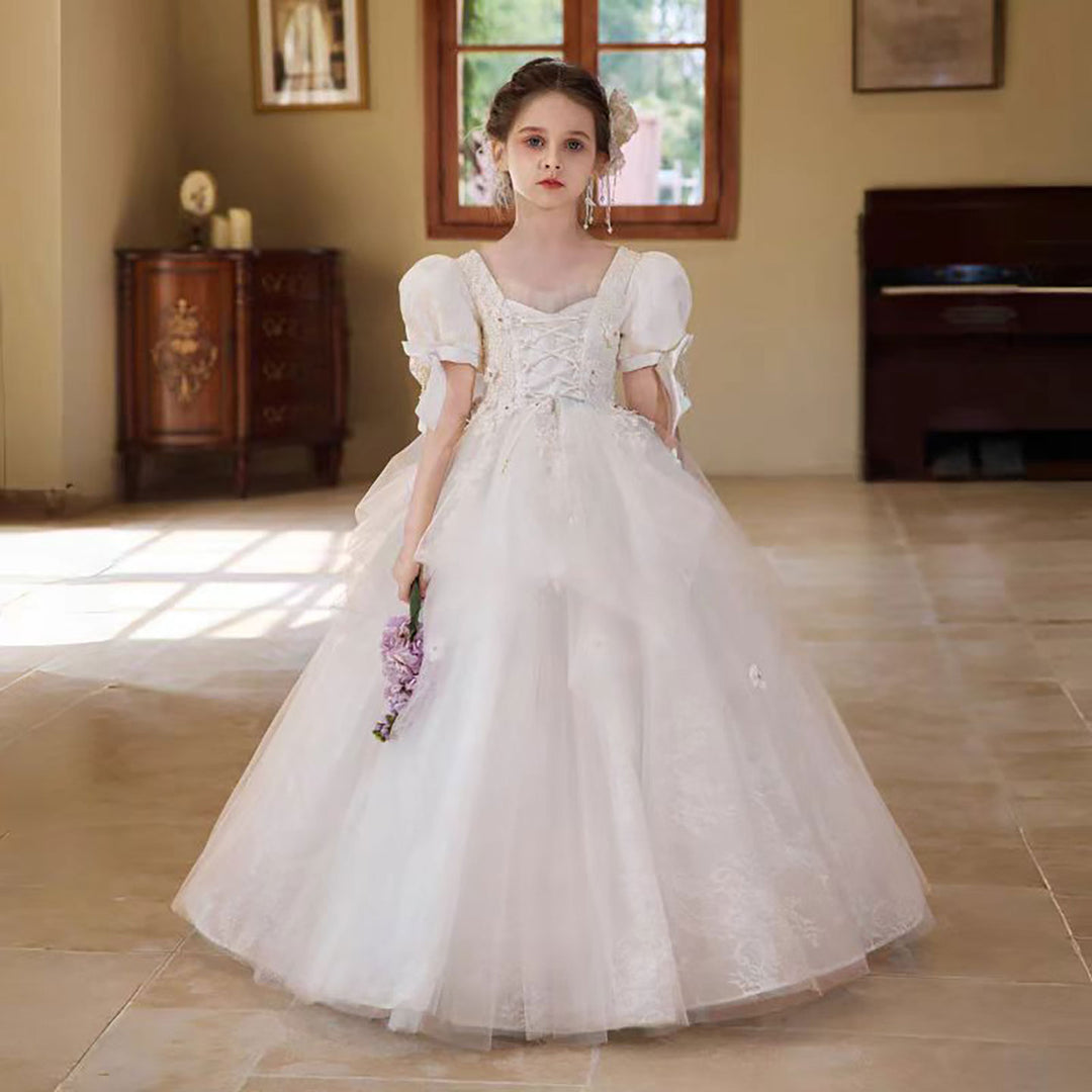 Victorian White Flower Girl Dress with Satin Bow D316 DreamyVow Victorian White Flower Girl Dress with Satin Bow D316 DreamyVow