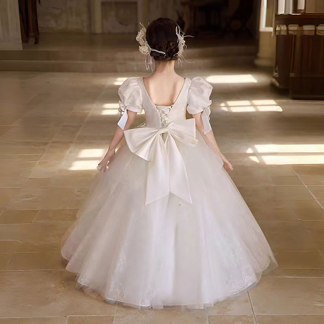 Victorian White Flower Girl Dress with Satin Bow D316