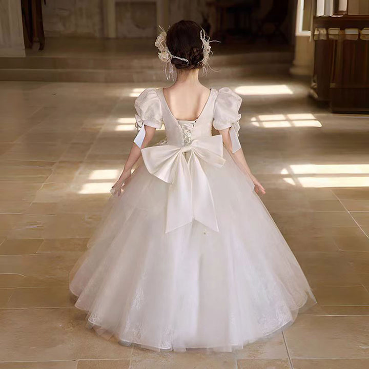 Victorian White Flower Girl Dress with Satin Bow D316