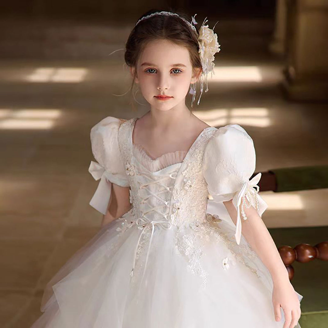 Victorian White Flower Girl Dress with Satin Bow D316