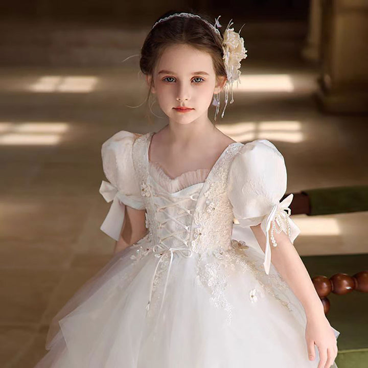 Victorian White Flower Girl Dress with Satin Bow D316