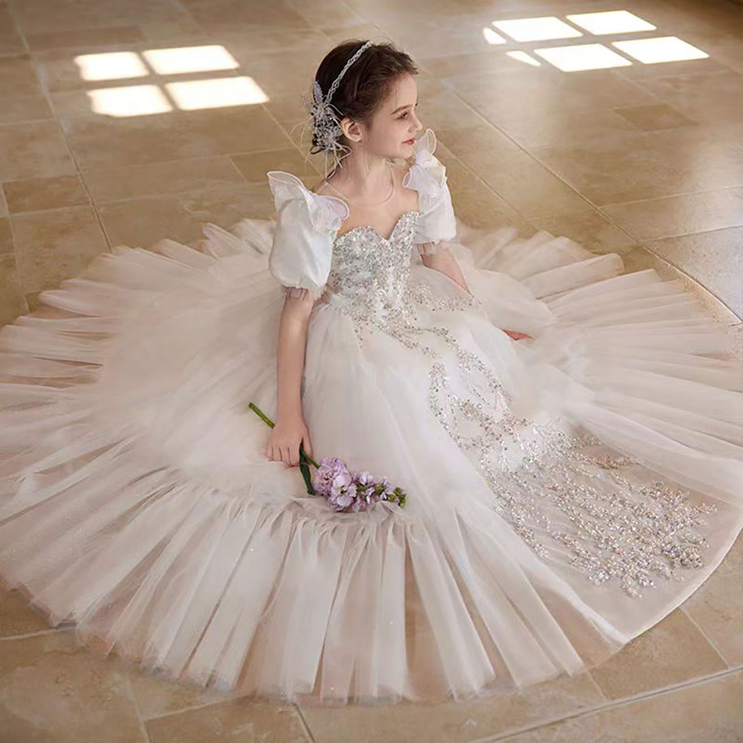 Elegant White Flower Girl Dress with Exquisite beadwork D314