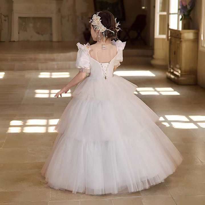 Elegant White Flower Girl Dress with Exquisite beadwork D314