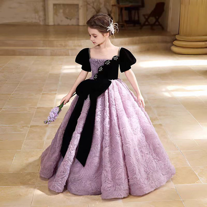 Luxury Purple Flower Girl Dress Features Rose Texture D325