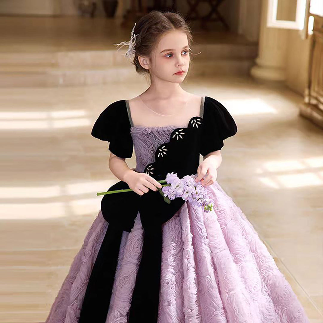 Luxury Purple Flower Girl Dress Features Rose Texture D325