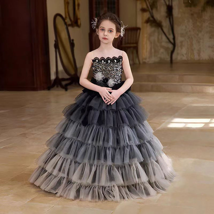 luxury Grey Flower Girl Dress With Silver Beads Princess D324