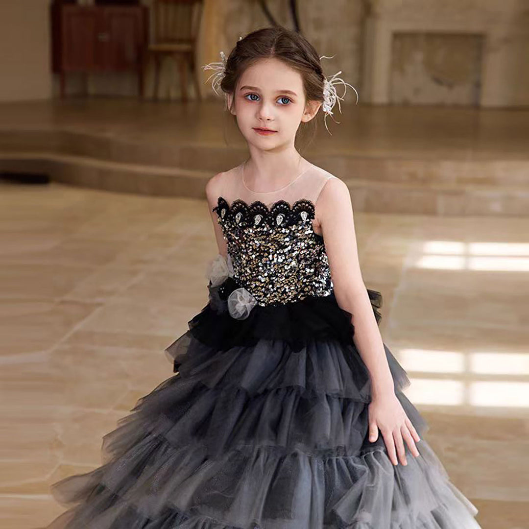 luxury Grey Flower Girl Dress With Silver Beads Princess D324