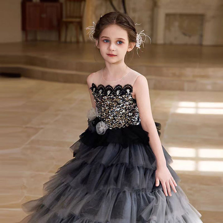 luxury Grey Flower Girl Dress With Silver Beads Princess D324