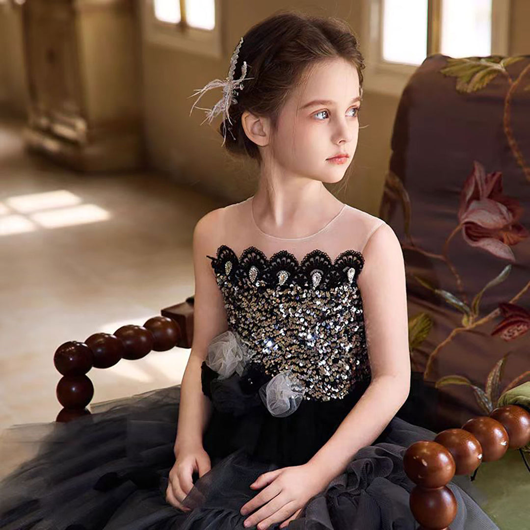 luxury Grey Flower Girl Dress With Silver Beads Princess D324