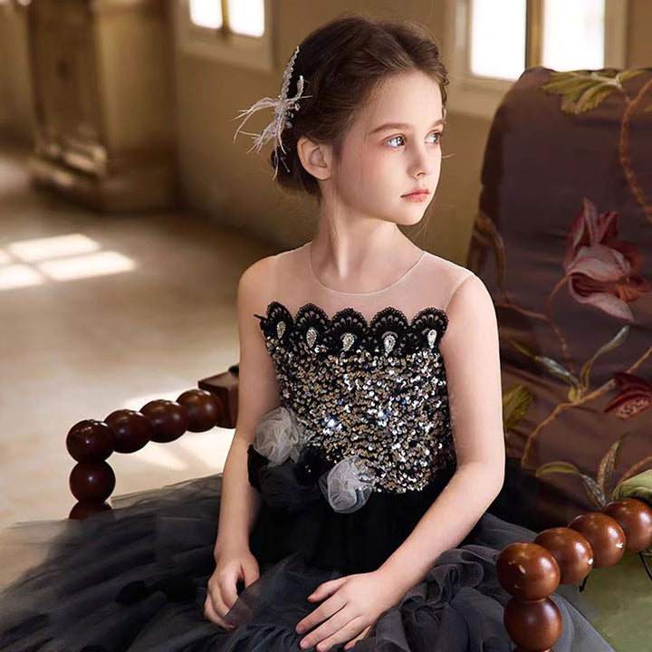 luxury Grey Flower Girl Dress With Silver Beads Princess D324