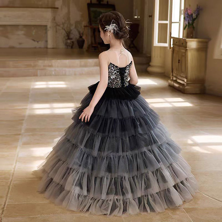 luxury Grey Flower Girl Dress With Silver Beads Princess D324