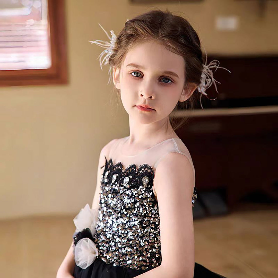 luxury Grey Flower Girl Dress With Silver Beads Princess D324