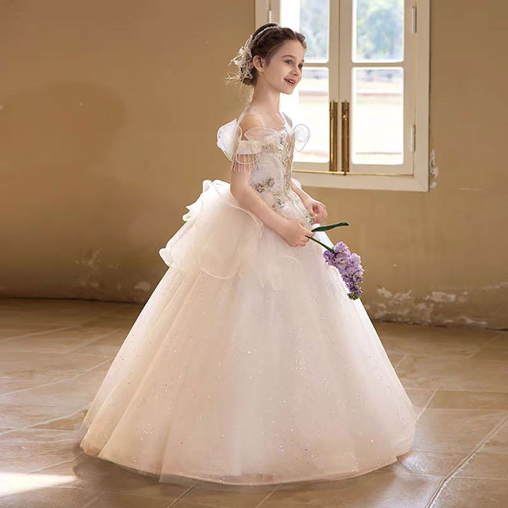 Enchanting White Flower Girl Dress with 3D Floral Embroidery D311