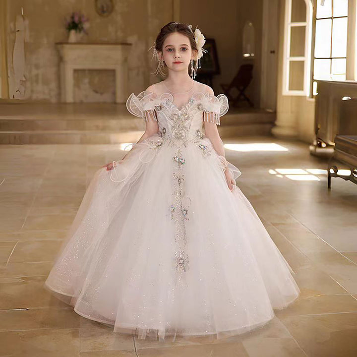 Enchanting White Flower Girl Dress with 3D Floral Embroidery D311