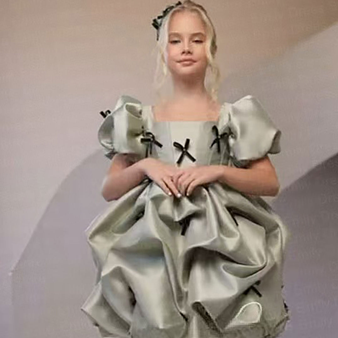 Flower Girl Dress with Satin Bows Matching Accessories D100 – DreamyVow Flower Girl Dress with Satin Bows Matching Accessories D100 – DreamyVow