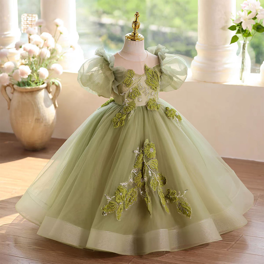 Forest Inspired Tulle Flower Girl Dress with 3D Embroidery D123