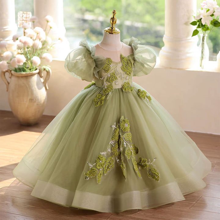 Forest Inspired Tulle Flower Girl Dress with 3D Embroidery D123