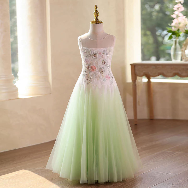 Green Flower Girl Dress with 3D Floral Appliqués Wedding Birthday J579