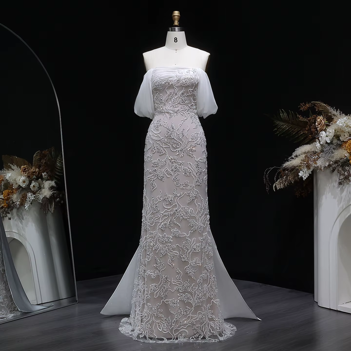 Luxury Ivory Sequin Embroidered Off Shoulder Evening Dress SS622