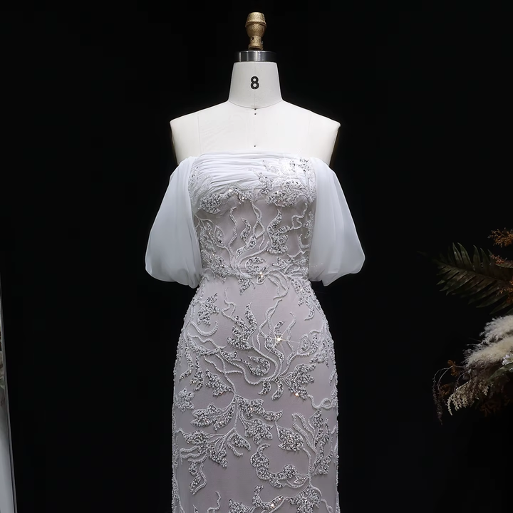 Luxury Ivory Sequin Embroidered Off Shoulder Evening Dress SS622