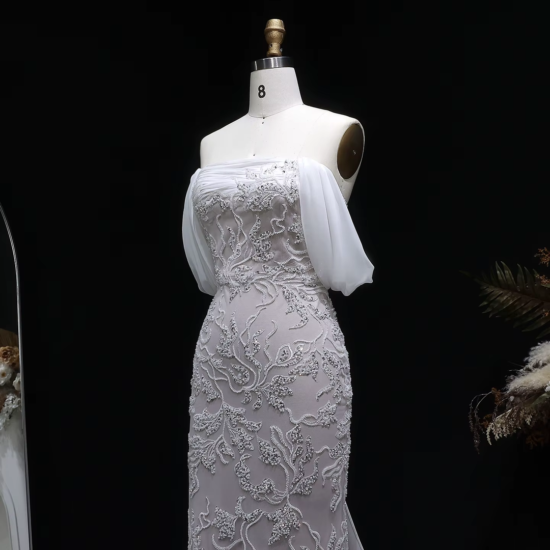 Luxury Ivory Sequin Embroidered Off Shoulder Evening Dress SS622