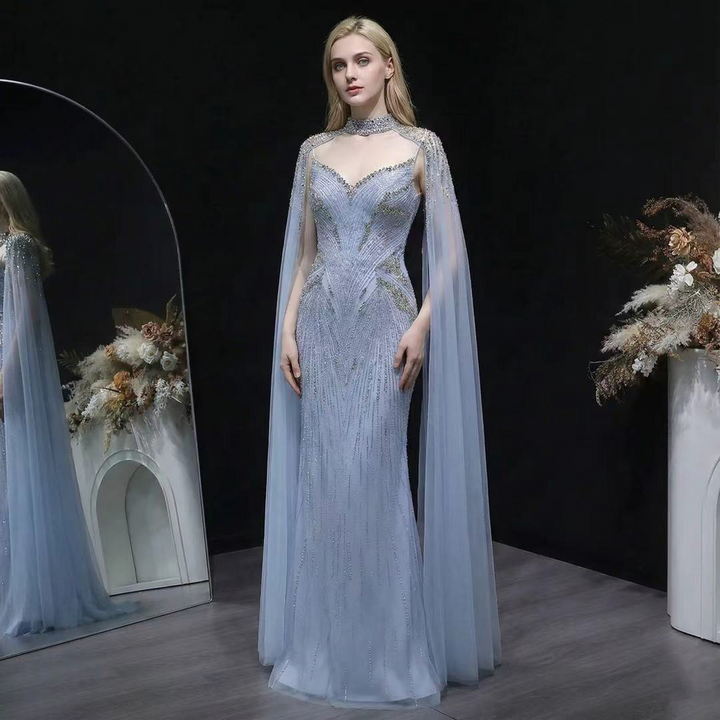 Luxury Blue Crystal Beaded Spaghetti Strap Evening Gown with Cape SS151