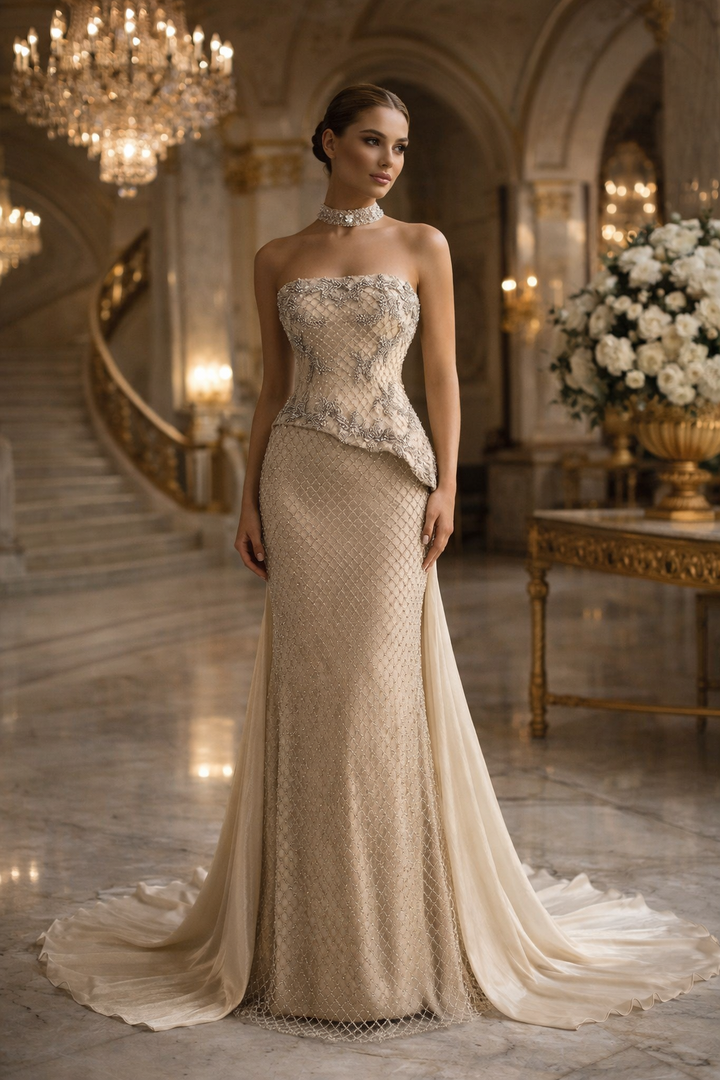 Luxury Champagne Strapless Beaded Mermaid Evening Dress with Train SS394
