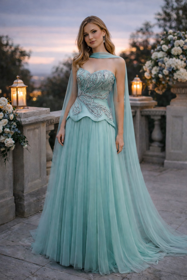 Dreamy Aqua Beaded Strapless with Scarf Evening Dress SS413