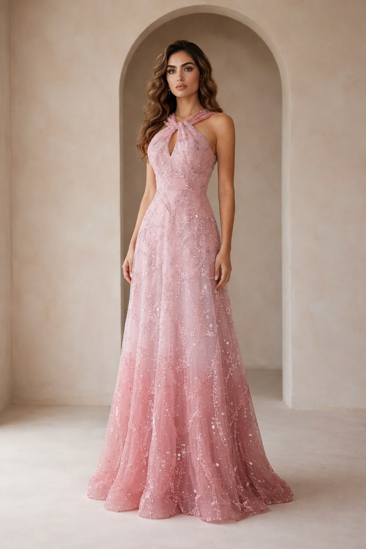 Elegant Gradient Pink Beaded Sequin Halter Prom Dress SS709