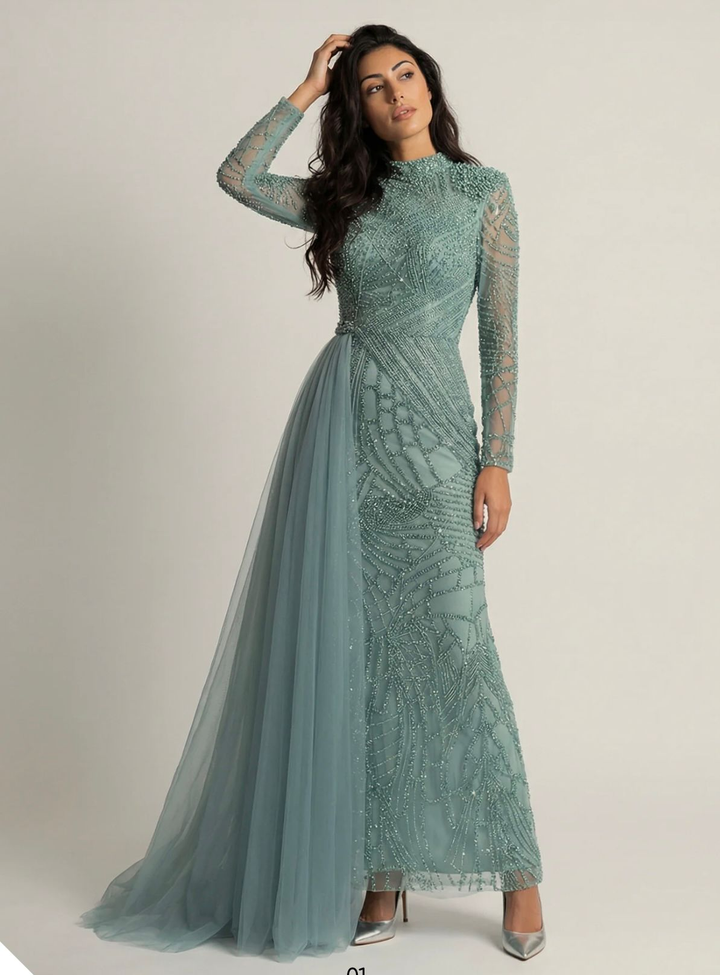 Luxury Beaded Evening Dress with Flowing Overskirt SS064