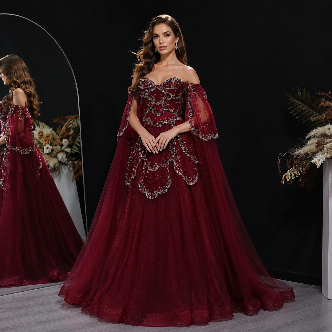 Elegant Off Shoulder Sage Green Evening Dress with Cape Sleeves SS215 Burgundy / 8 Elegant Off Shoulder Sage Green Evening Dress with Cape Sleeves SS215 Burgundy / 8