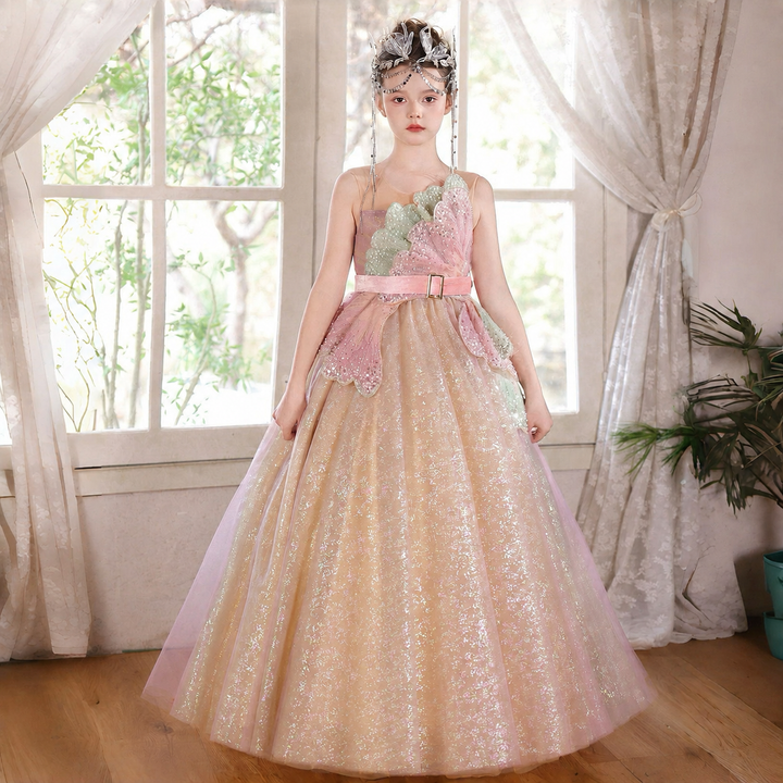 Enchanted Pink Gold Flower Girl Dress Sequin Bow One-Shoulder Wedding Ball Gown J005