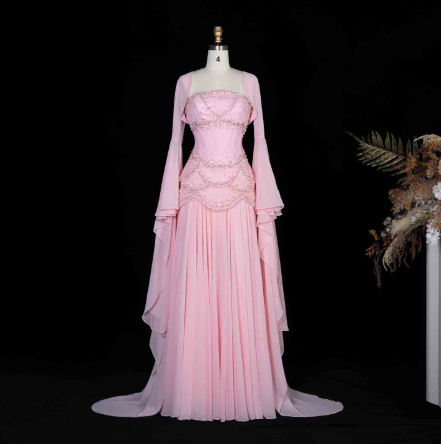 Luxury Pearls Tassel Blue Evening Dress with Flowing coat SS286