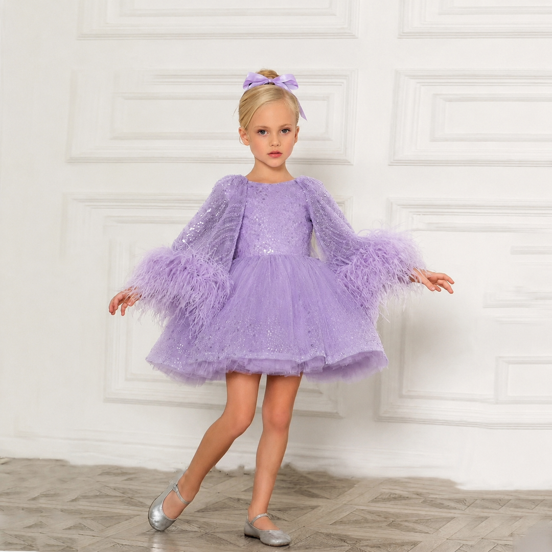 Luxury Blue Girl Dress Feathers Cap Sleeve Kid Princess J170