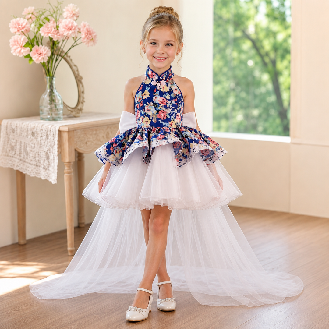 Navy Blue Floral Halter High-Low Tulle Flower Girl Dress with Bow D287