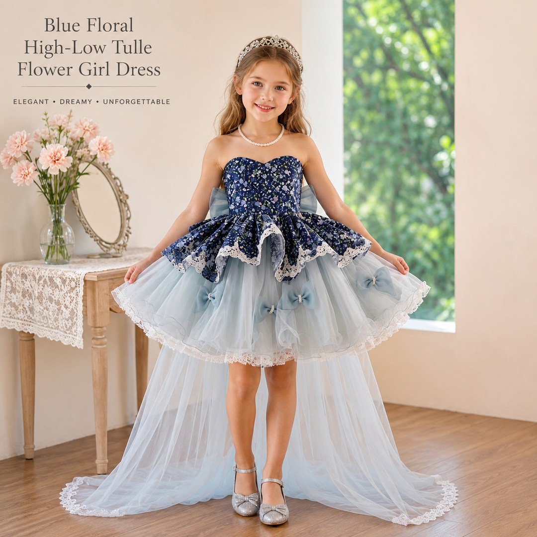 Navy Floral Off-Shoulder High-Low Tulle Flower Girl Dress with Bows D288