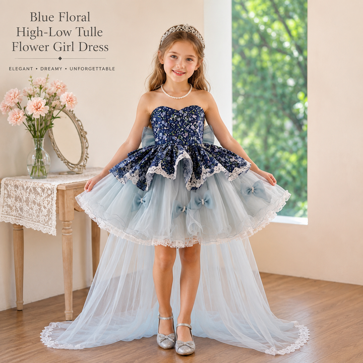 Navy Floral Off-Shoulder High-Low Tulle Flower Girl Dress with Bows D288