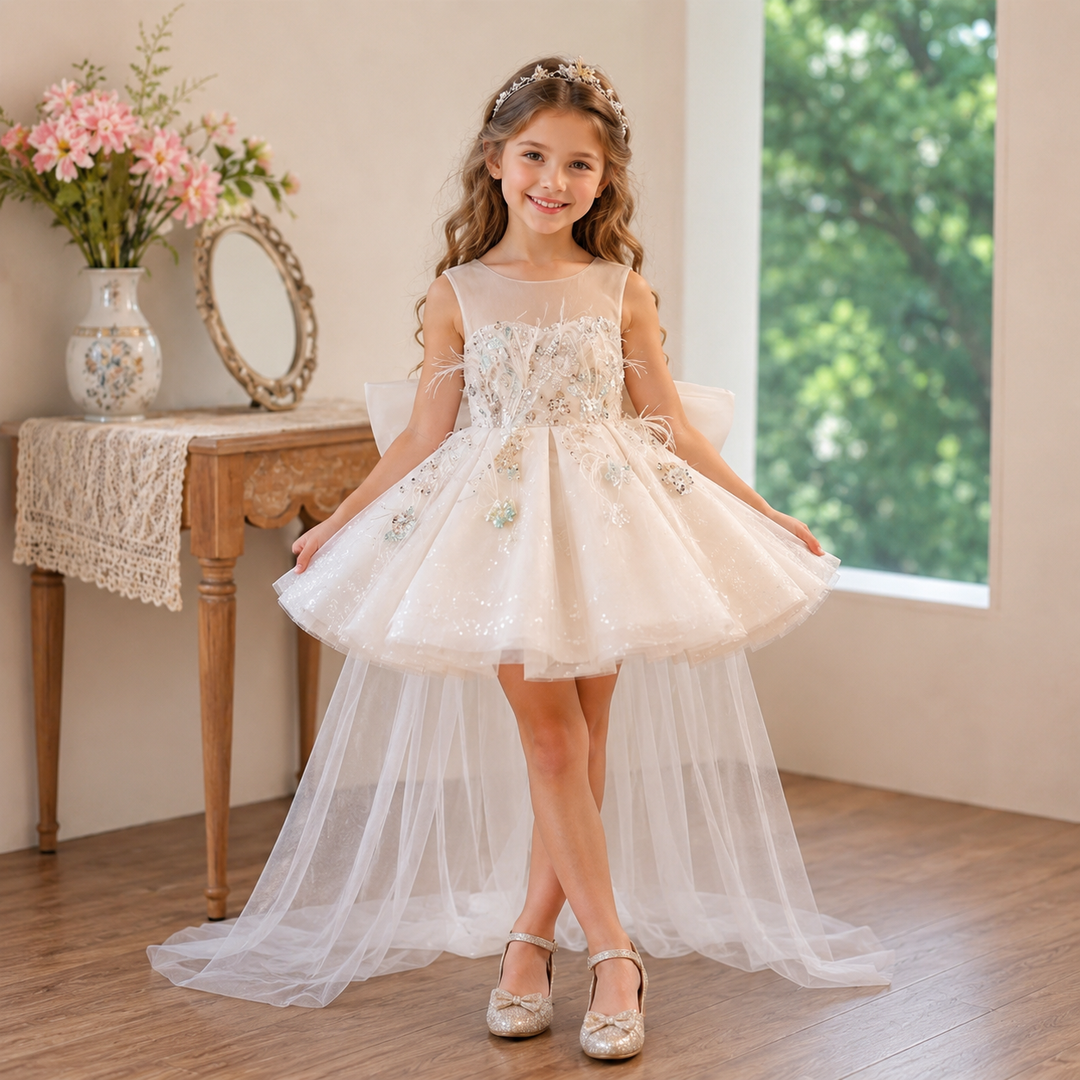 Champagne Beaded Feather Tulle Flower Girl Dress with Oversized Bow D290