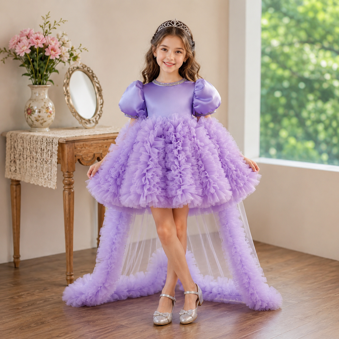 Lavender Puff Sleeve Ruffled Tulle Flower Girl Dress with Detachable Train J915