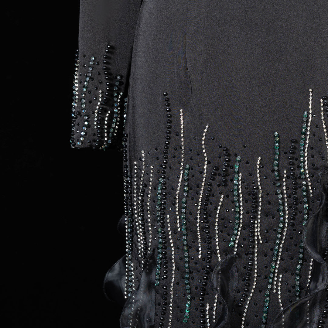 Elegant Black One Shoulder Long Sleeve Evening Dress with Crystal Fringe SS596