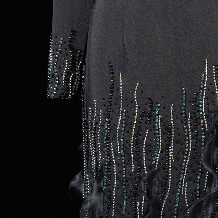 Elegant Black One Shoulder Long Sleeve Evening Dress with Crystal Fringe SS596