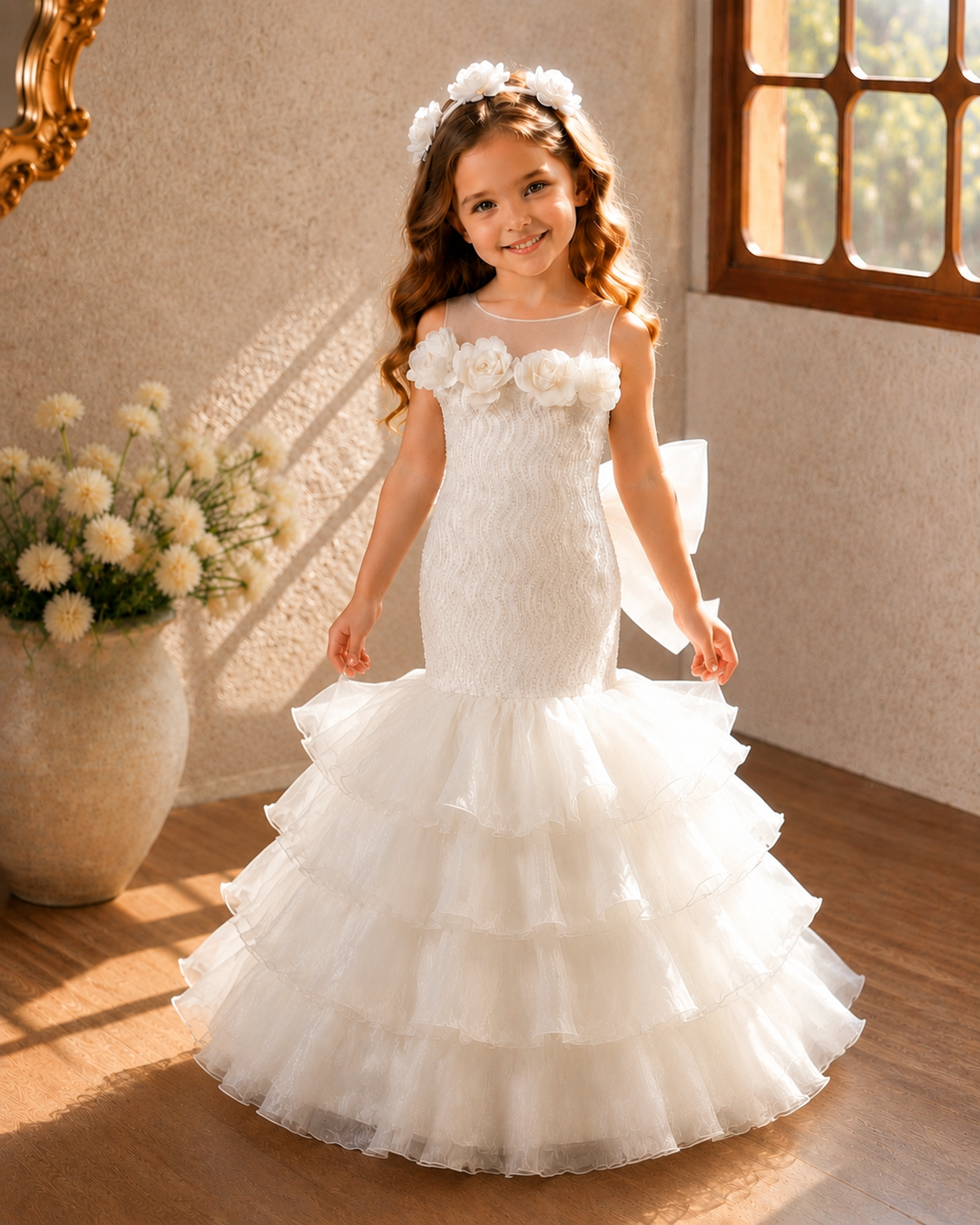 Elegant White Long Flower Girl Princess Gown with Sequin Bodice Tiered Tulle Skirt D364