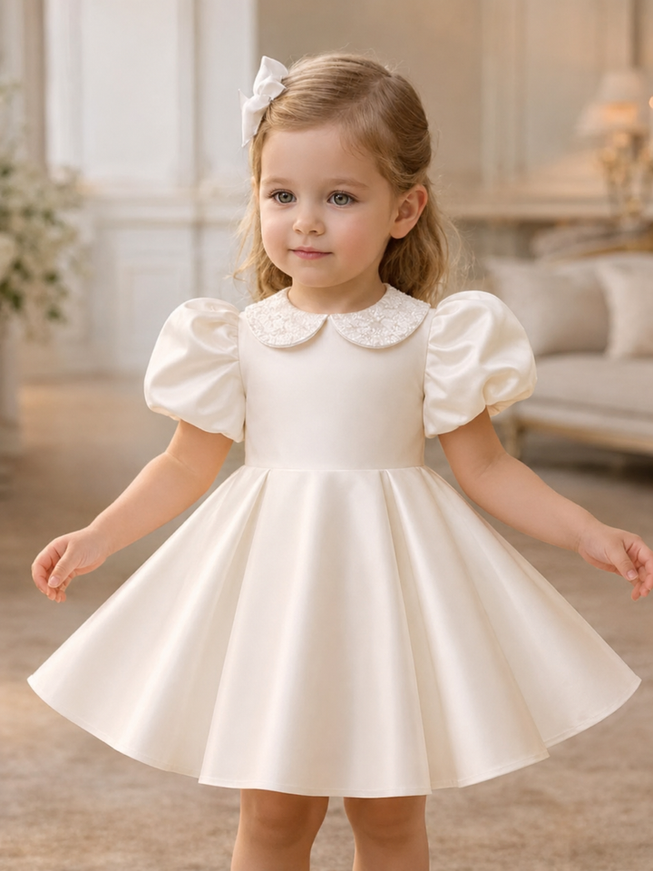 O-Neck Embroidered Satin Flower Girl Dress With Bow Knee Length J810