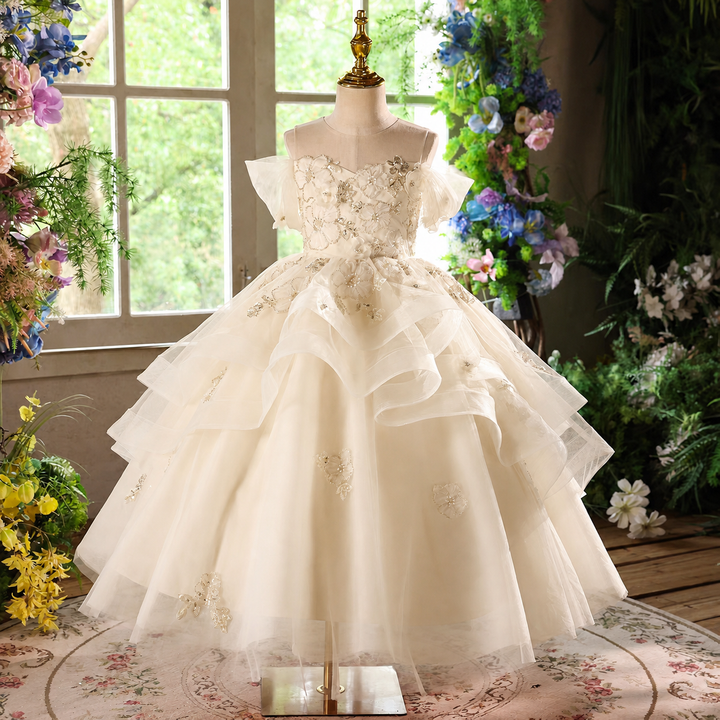 Elegant Pink Flower Girl Pageant Princess Gown for Birthday Parties D225