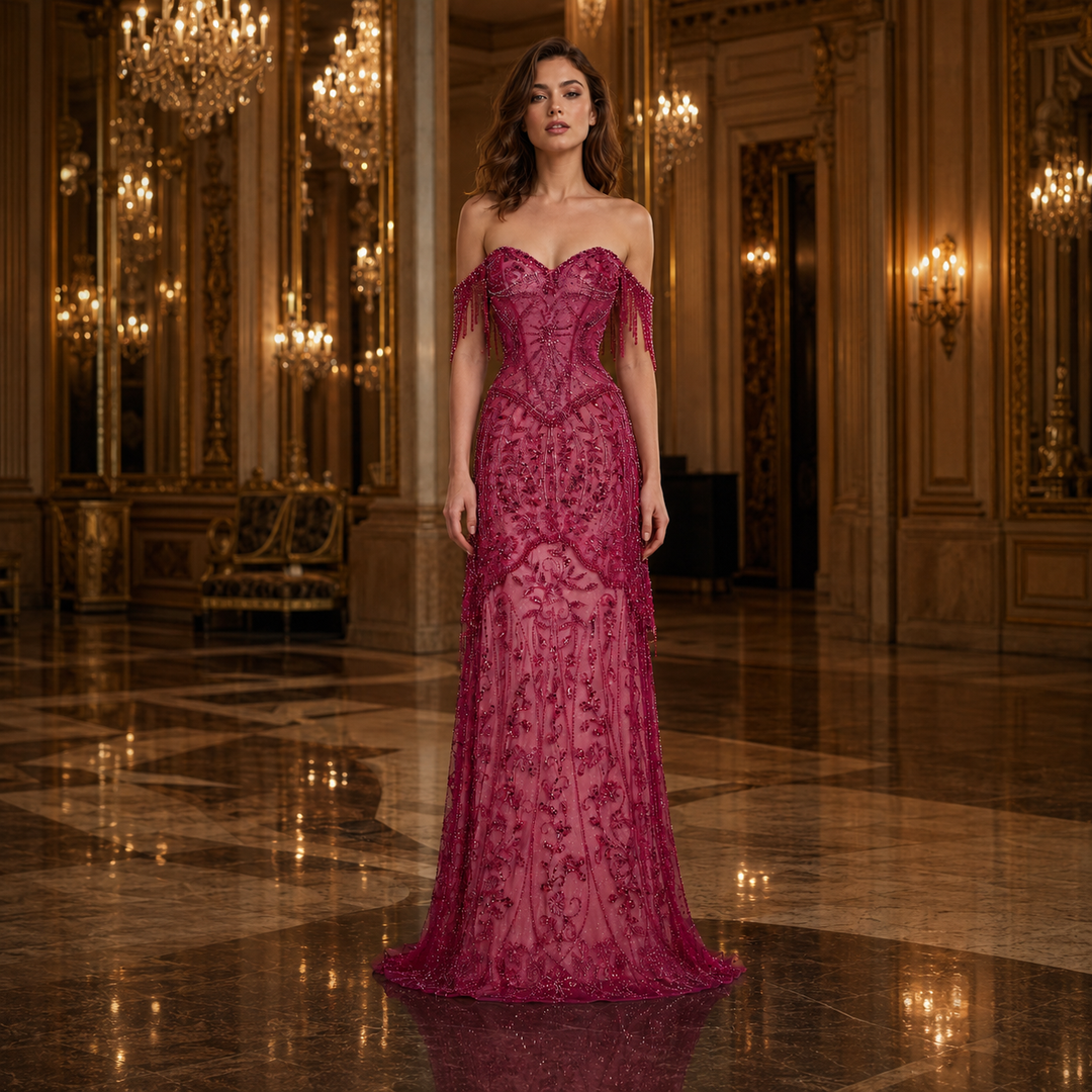 Luxury Fuchsia Off-Shoulder Beaded Tassel Mermaid Evening Dress SS516