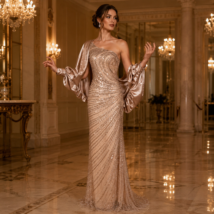 Luxury Champagne One-Shoulder Sequin Mermaid Evening Dress SS311