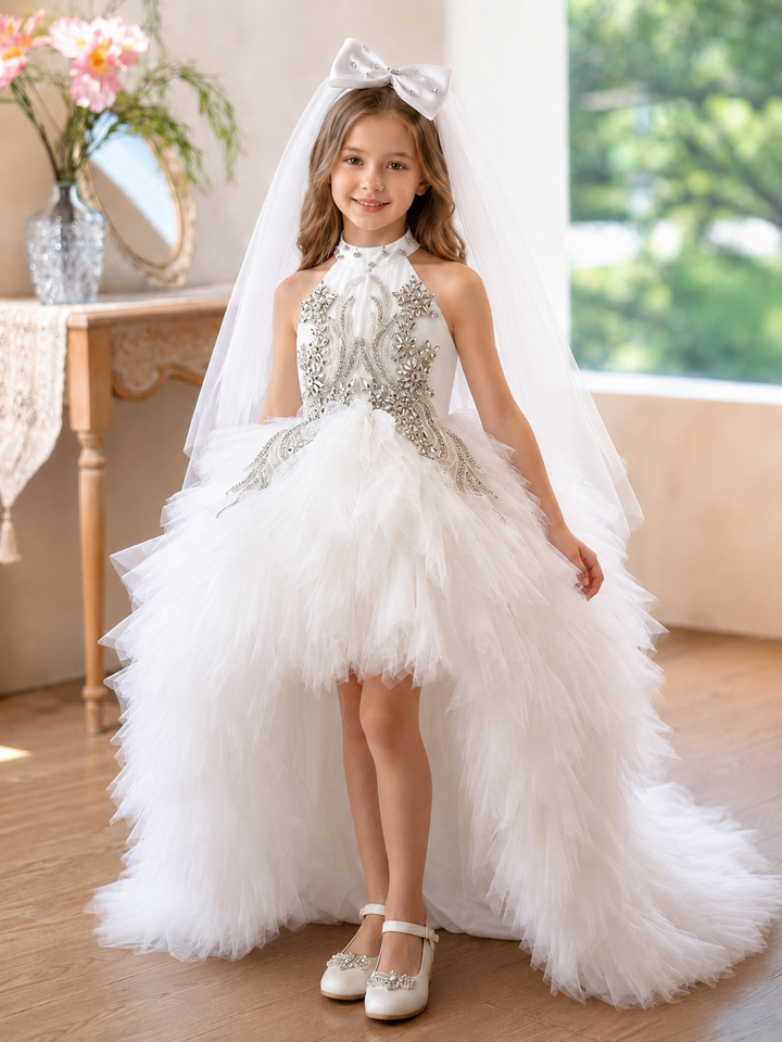 White Crystal Beaded High Neck Short Flower Girl Dress with Bow Train J850