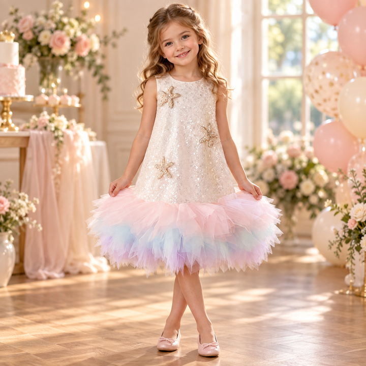 Off White Sequin Starfish Tulle Flower Girl Dress D062